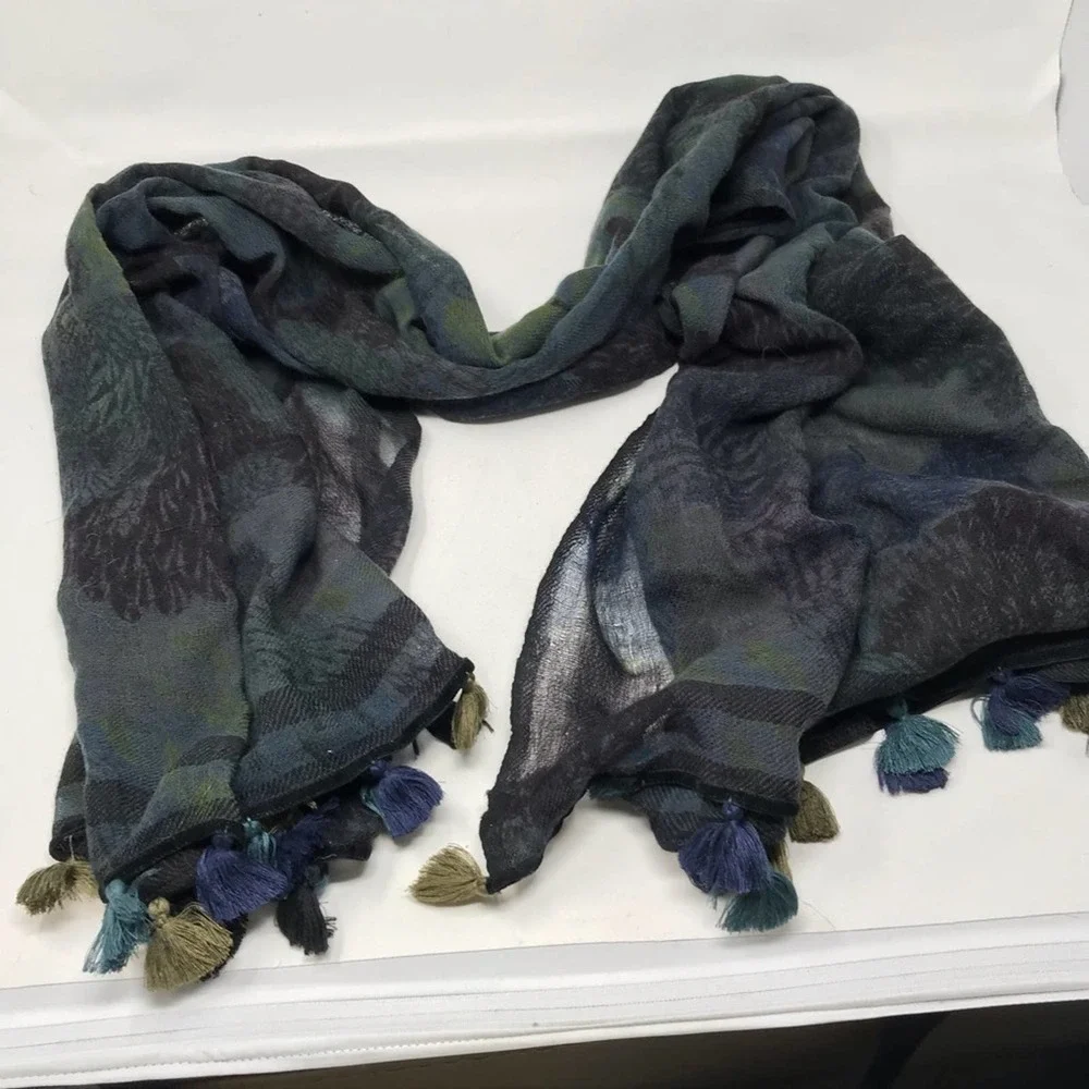 Amet & Ladour Scarf Sheer Green Black Print - Picture 4 of 8